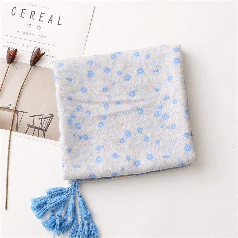 Sky Blue Small Flowers Print Scarf With Tassels - Image 4