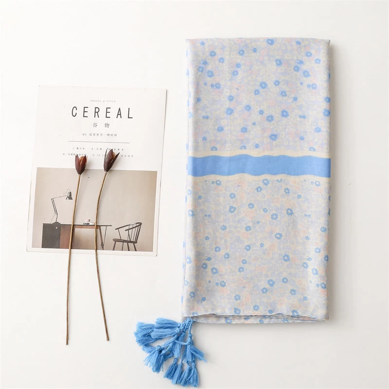 Sky Blue Small Flowers Print Scarf With Tassels - Image 2