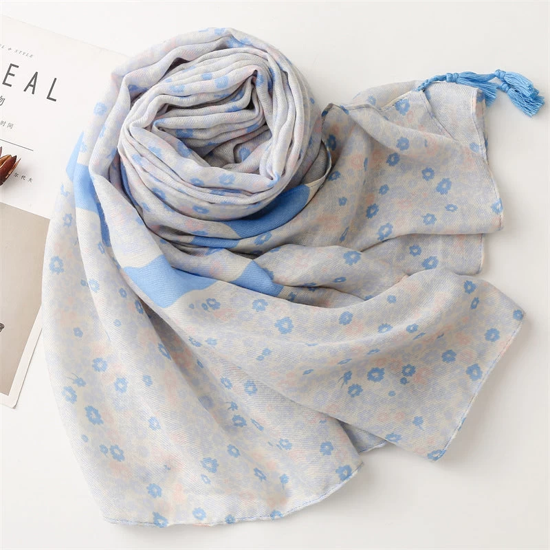 Sky Blue Small Flowers Print Scarf With Tassels - Image 3