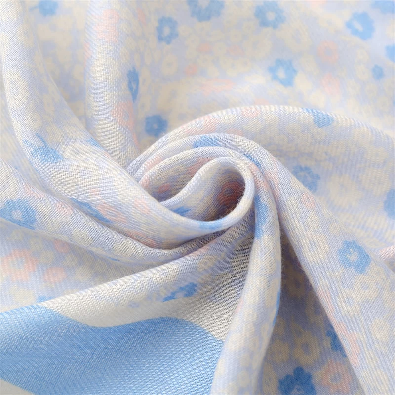Sky Blue Small Flowers Print Scarf With Tassels - Image 6