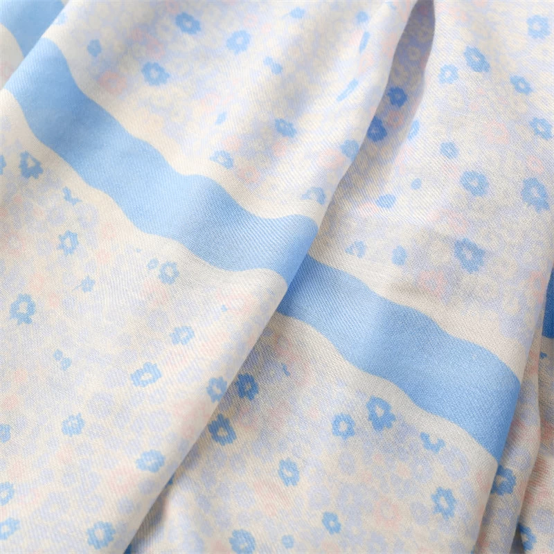 Sky Blue Small Flowers Print Scarf With Tassels - Image 7