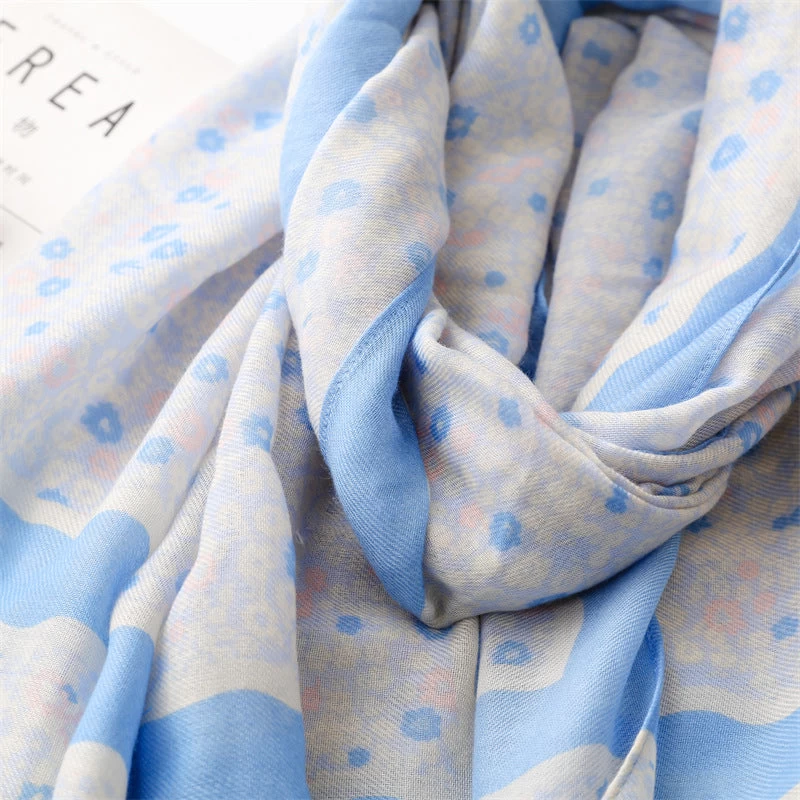 Sky Blue Small Flowers Print Scarf With Tassels - Image 8
