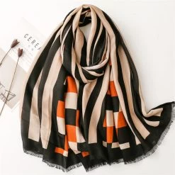 Black Mocha Geometry Patterned Fringed Scarf