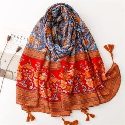 Multicoloured Floral Print Scarf With Tassels In Burnt Orange