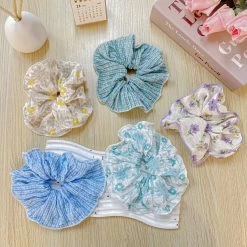 Crinkle Chiffon Floral Scrunchies