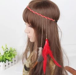 Gold Chain Red Feather Elastic Headband