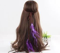 Braided Brown Suede Band With Purple Feather Hair Tie