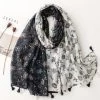 Black Grey Multicoloured Flowers Print Scarf With Tassels