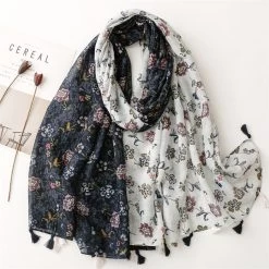 Black Grey Multicoloured Flowers Print Scarf With Tassels