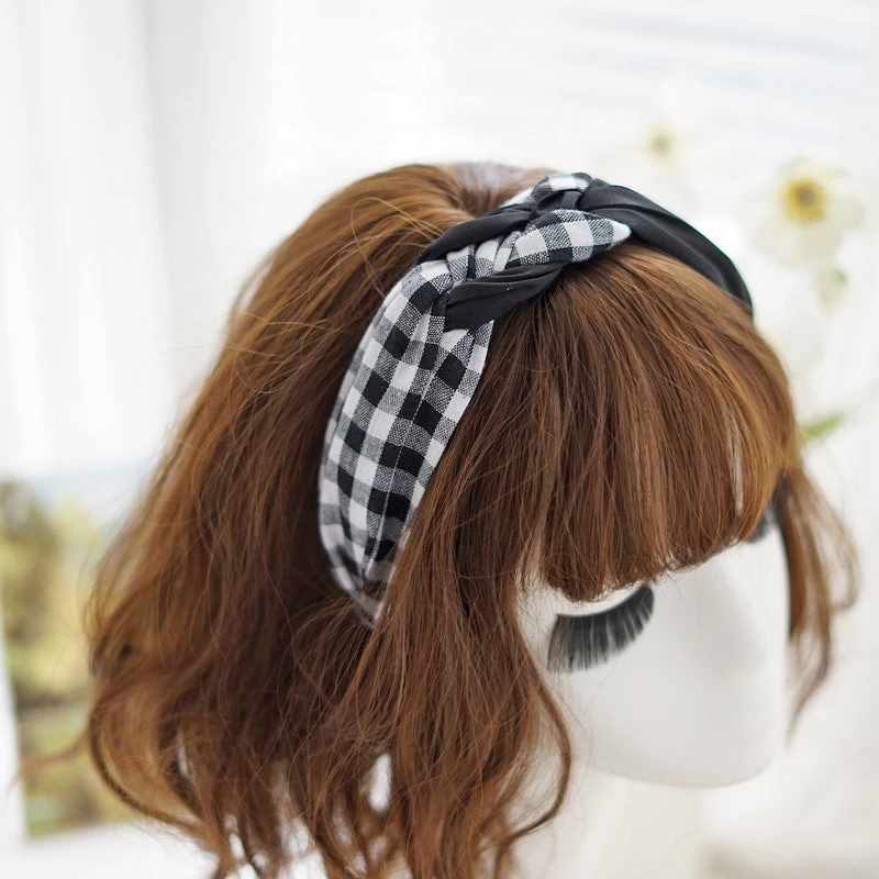 Mixed Plain And Gingham Braids Top Headband - Image 2