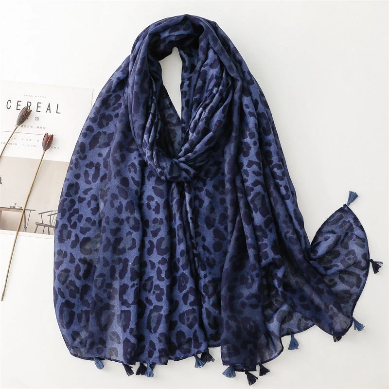 Deep Blue Leopard Print Long Scarf With Tassels