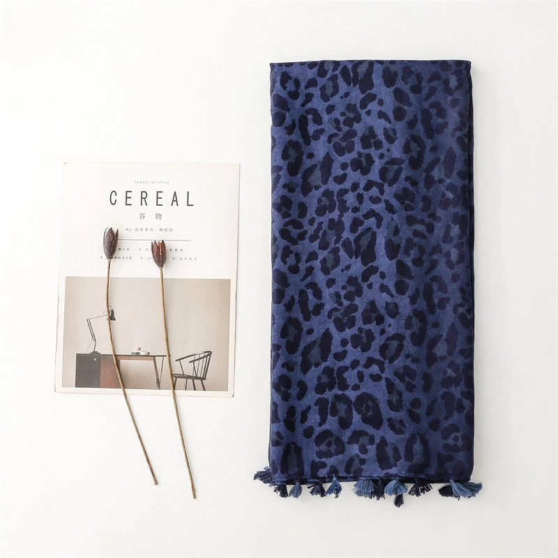Deep Blue Leopard Print Long Scarf With Tassels - Image 2