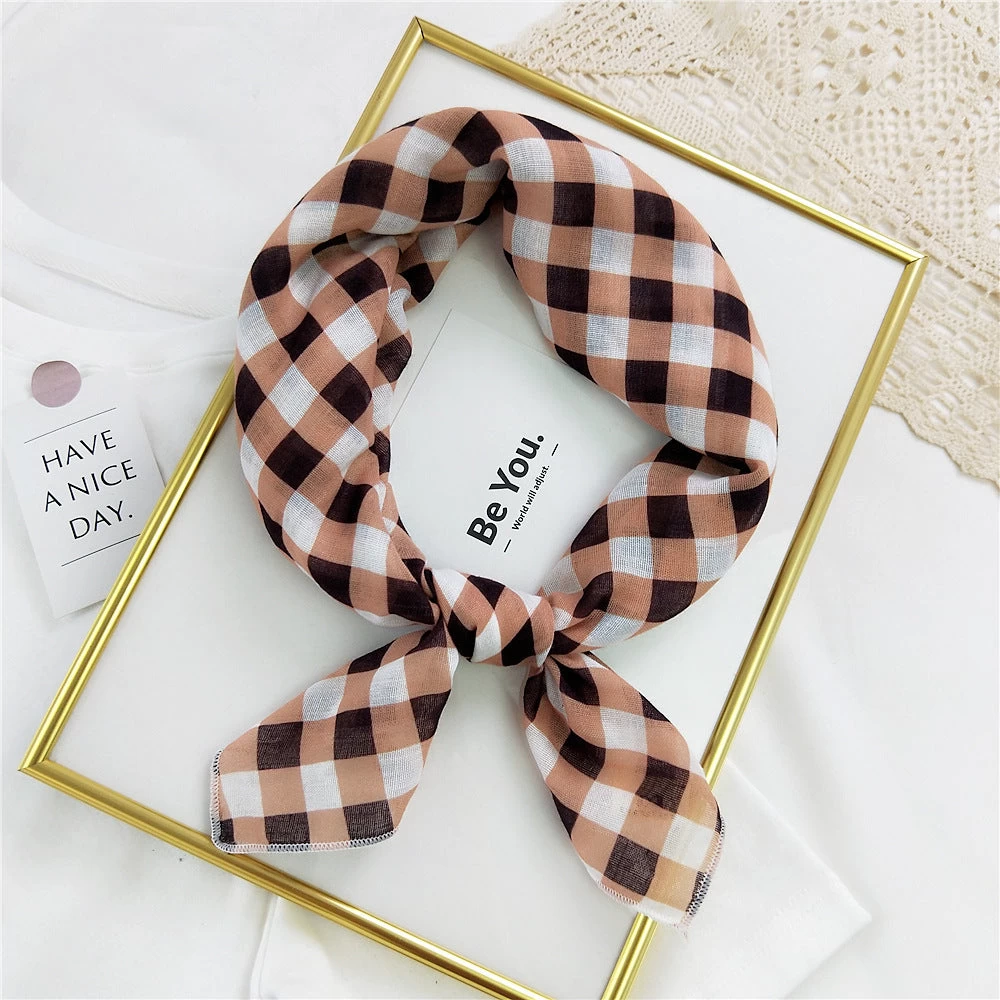 Checkered Cotton Square Scarf In Brown Orange