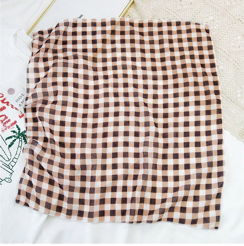 Checkered Cotton Square Scarf In Brown Orange - Image 2