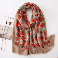 Strawberry Print Brown Long Scarf