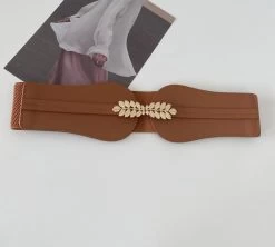 Synthetic Leather Wide Stretch Belt With Leaves Buckles