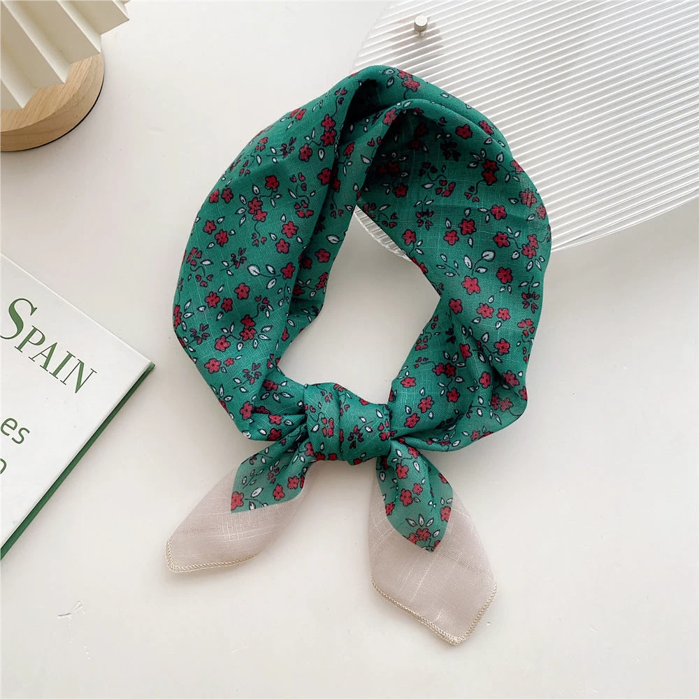 Red Flowers Printed Green Square Scarf