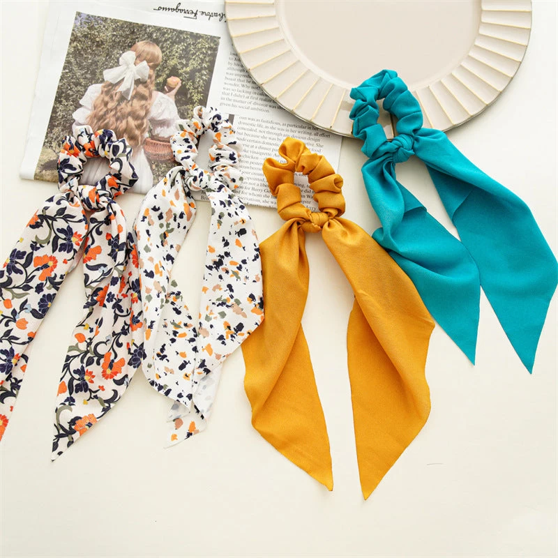 Plain And Printed Chiffon Scrunchies With Scarf - Image 3