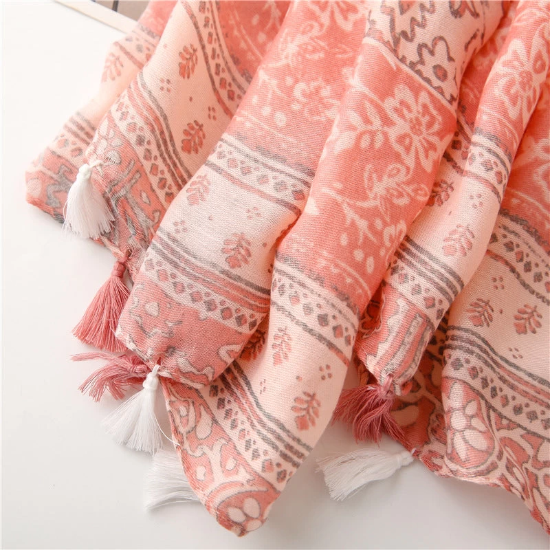 Boho Floral Print Brown Pink Long Scarf With Tassels - Image 11