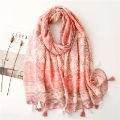 Boho Floral Print Brown Pink Long Scarf With Tassels