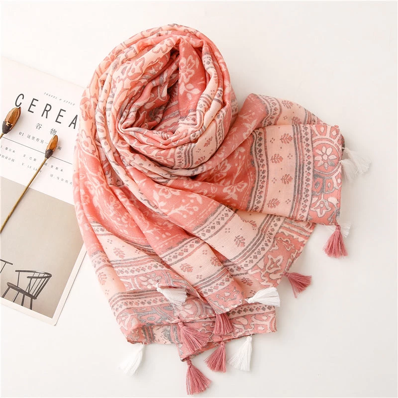 Boho Floral Print Brown Pink Long Scarf With Tassels - Image 6