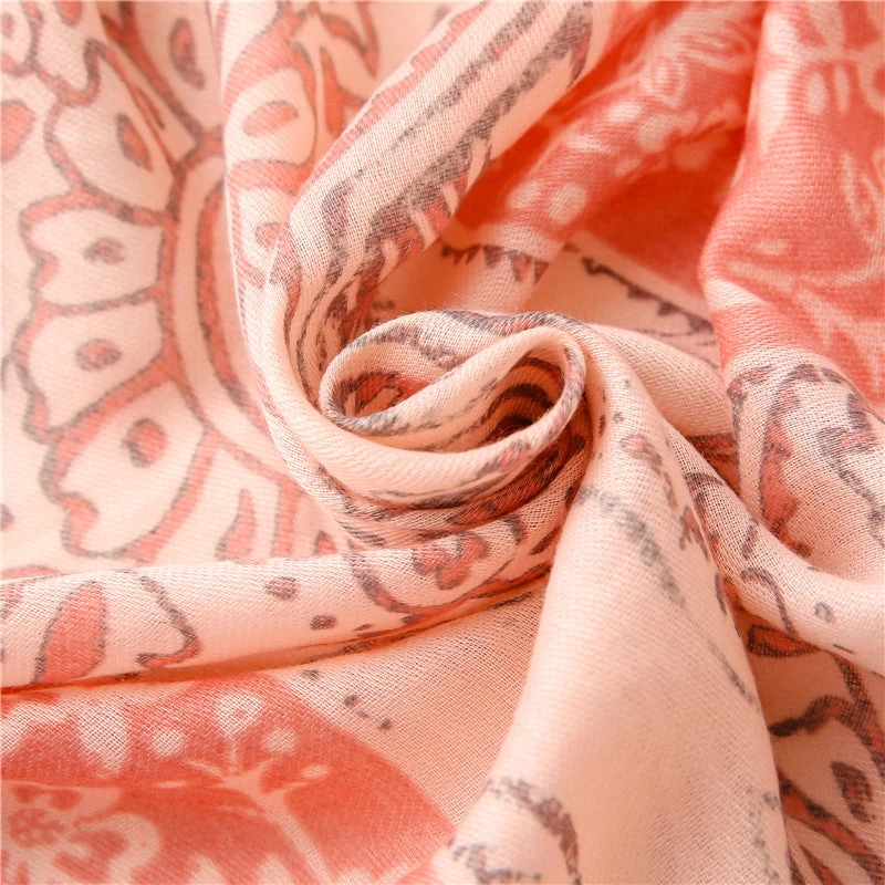 Boho Floral Print Brown Pink Long Scarf With Tassels - Image 8