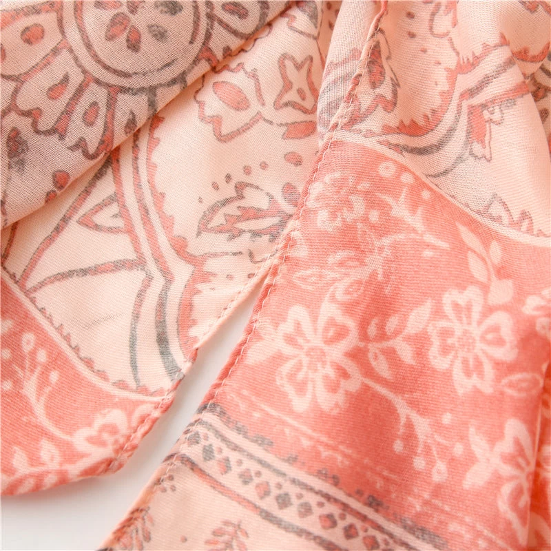 Boho Floral Print Brown Pink Long Scarf With Tassels - Image 9