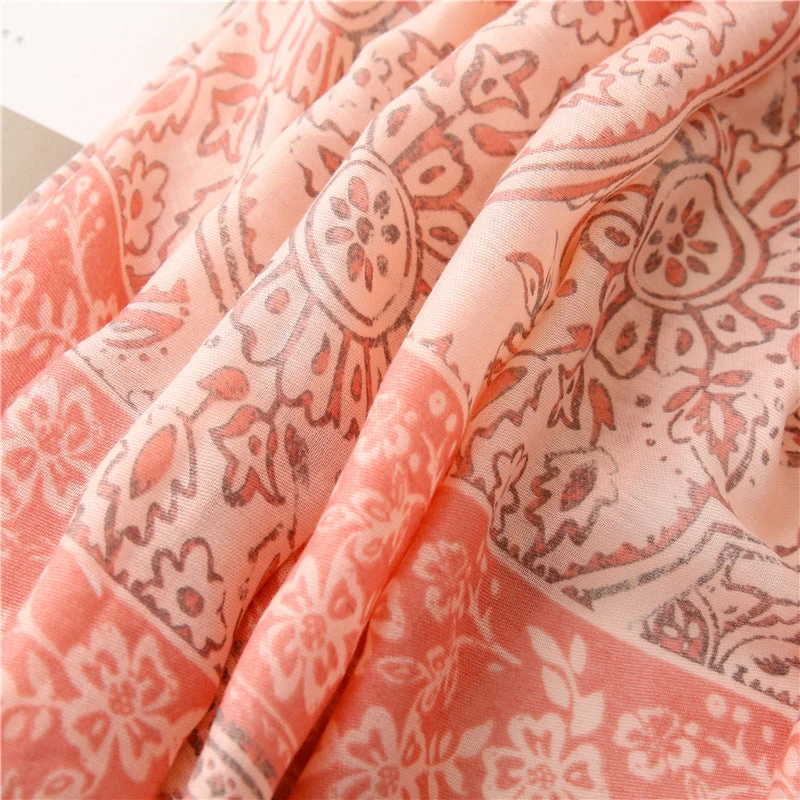 Boho Floral Print Brown Pink Long Scarf With Tassels - Image 10