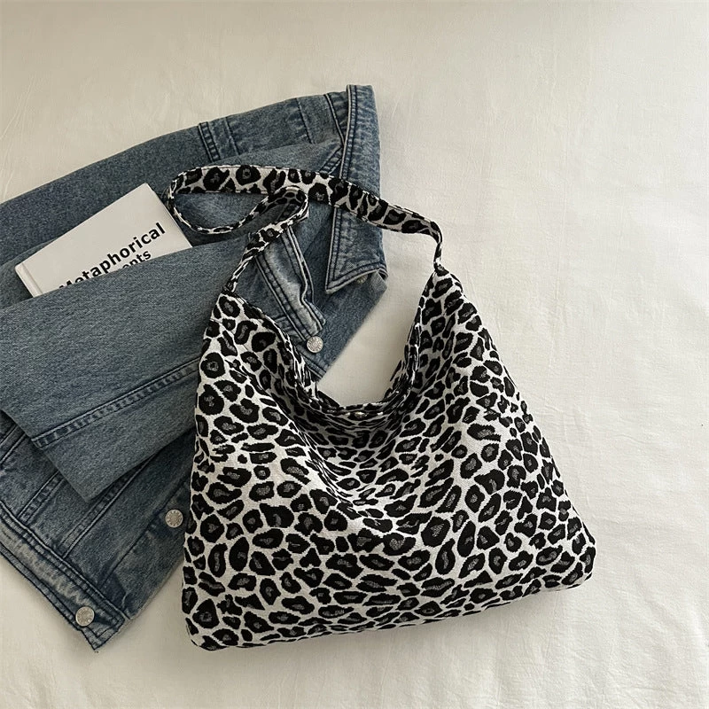 Leopard Print Corduroy One Handle Bag