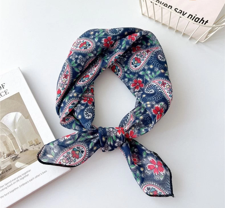 Navy Floral Paisley Print Square Scarf