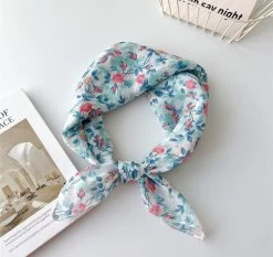 Aqua Blue Country Flowers Print Square Scarf