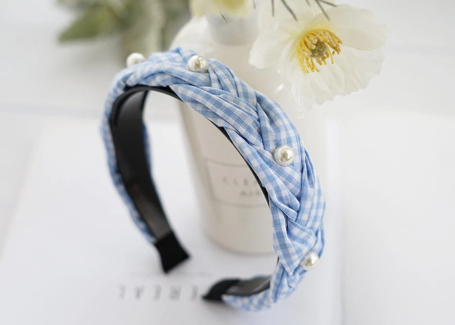 Gingham Braided Headband With White Pearls - Image 8