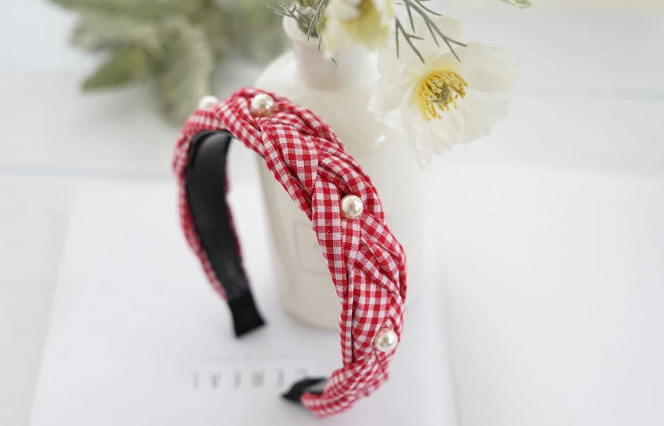 Gingham Braided Headband With White Pearls - Image 6