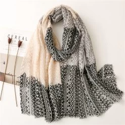 Black Mocha Geometry Waves Prints Fringed Scarf