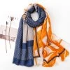 Gold Stamped Orange Yellow Leaves Print Navy Grey Fringed Scarf