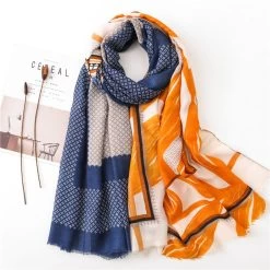 Gold Stamped Orange Yellow Leaves Print Navy Grey Fringed Scarf