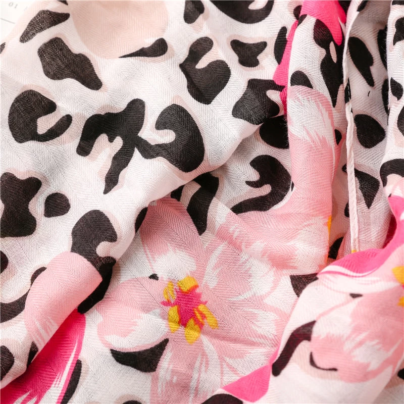 Black Leopard & Pink Flowers Prints Scarf With Tassels - Image 6