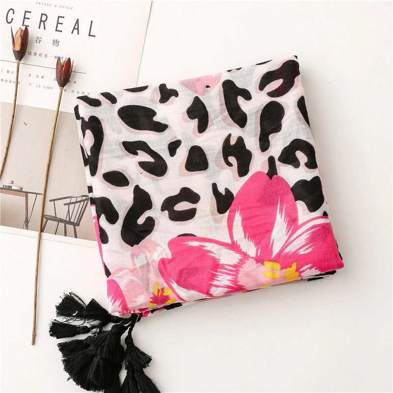 Black Leopard & Pink Flowers Prints Scarf With Tassels - Image 5