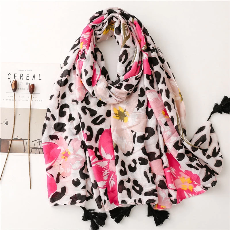 Black Leopard & Pink Flowers Prints Scarf With Tassels