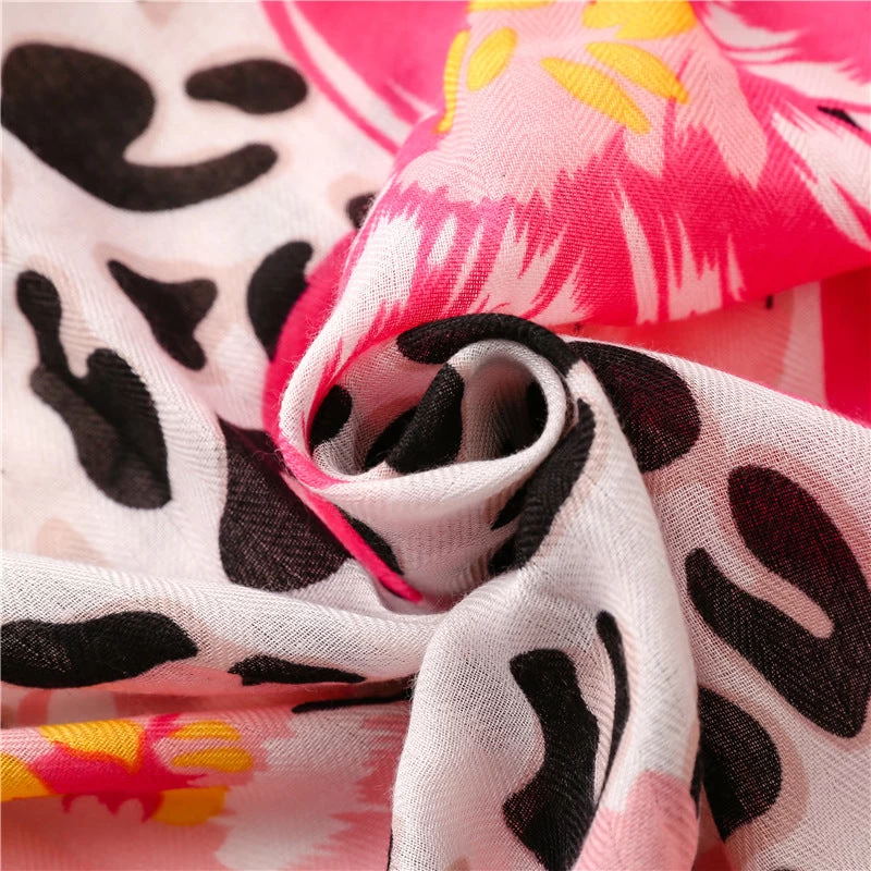Black Leopard & Pink Flowers Prints Scarf With Tassels - Image 9