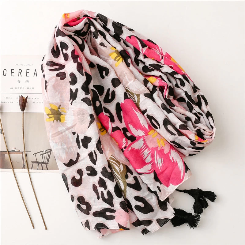 Black Leopard & Pink Flowers Prints Scarf With Tassels - Image 3