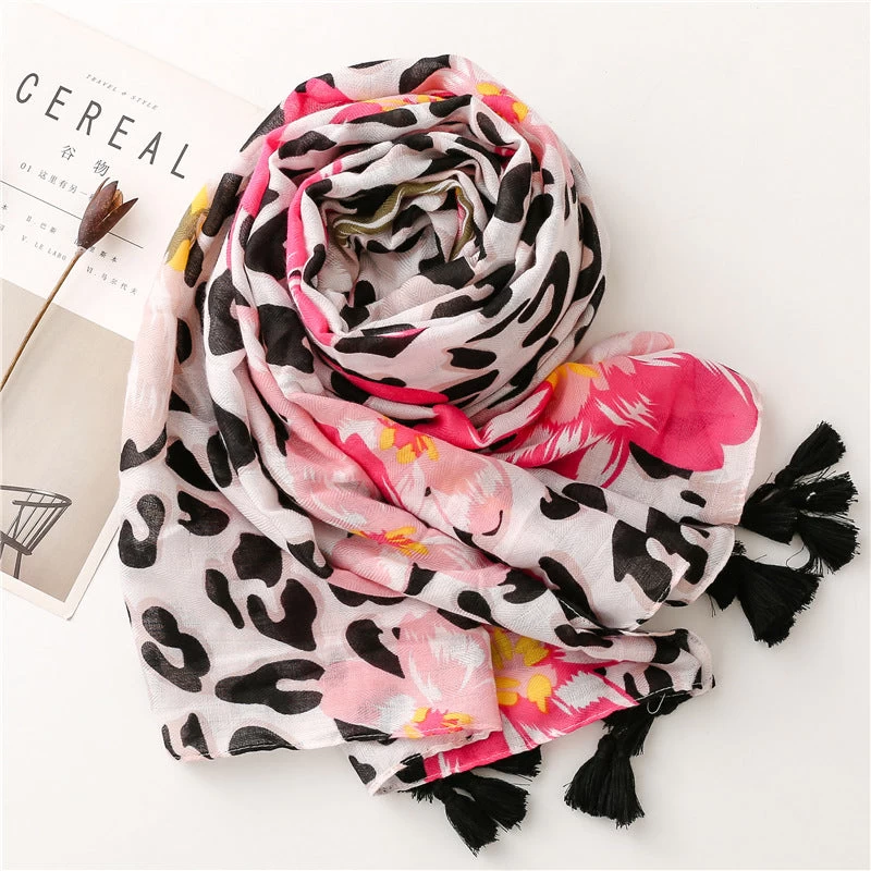 Black Leopard & Pink Flowers Prints Scarf With Tassels - Image 2