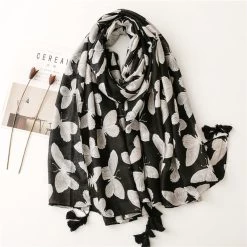 Black Butterflies Prints Scarf With Tassels
