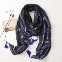 Black Royal Blue Geometric Prints Square Scarf With Beads Tassels