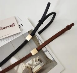 Leather Thin Belt With Square Buckle