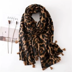 Large Leopard Print Scarf With Tassels