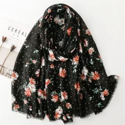 Glittered Black Red Flowers Print Fringed Scarf