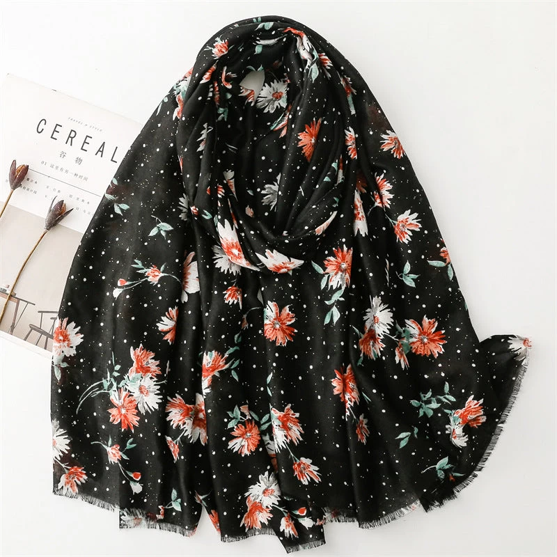 Glittered Black Red Flowers Print Fringed Scarf