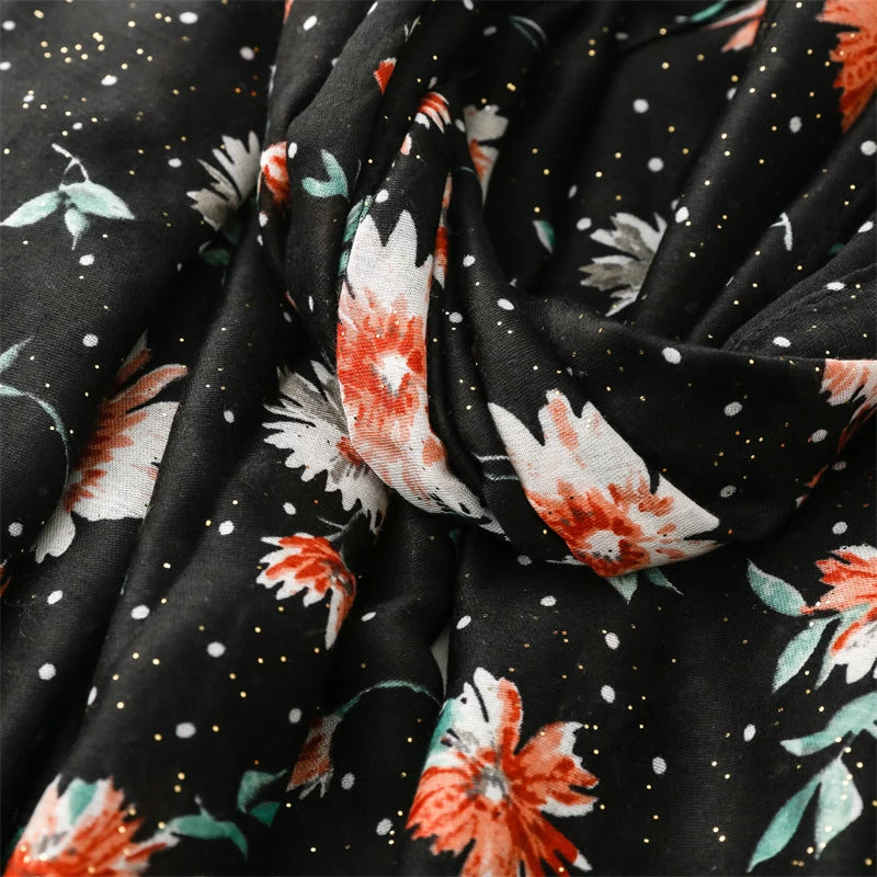 Glittered Black Red Flowers Print Fringed Scarf - Image 2