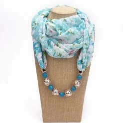 Chiffon Infinity Scarf With Jewellery In Light Blue Country Flowers Print